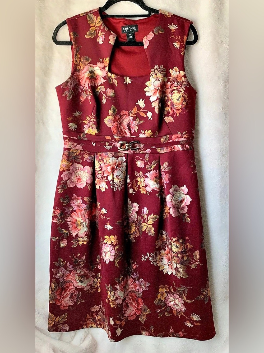 Enfocus Studio Floral Cutout Sheath Dress Burgundy Wine Red Size 12